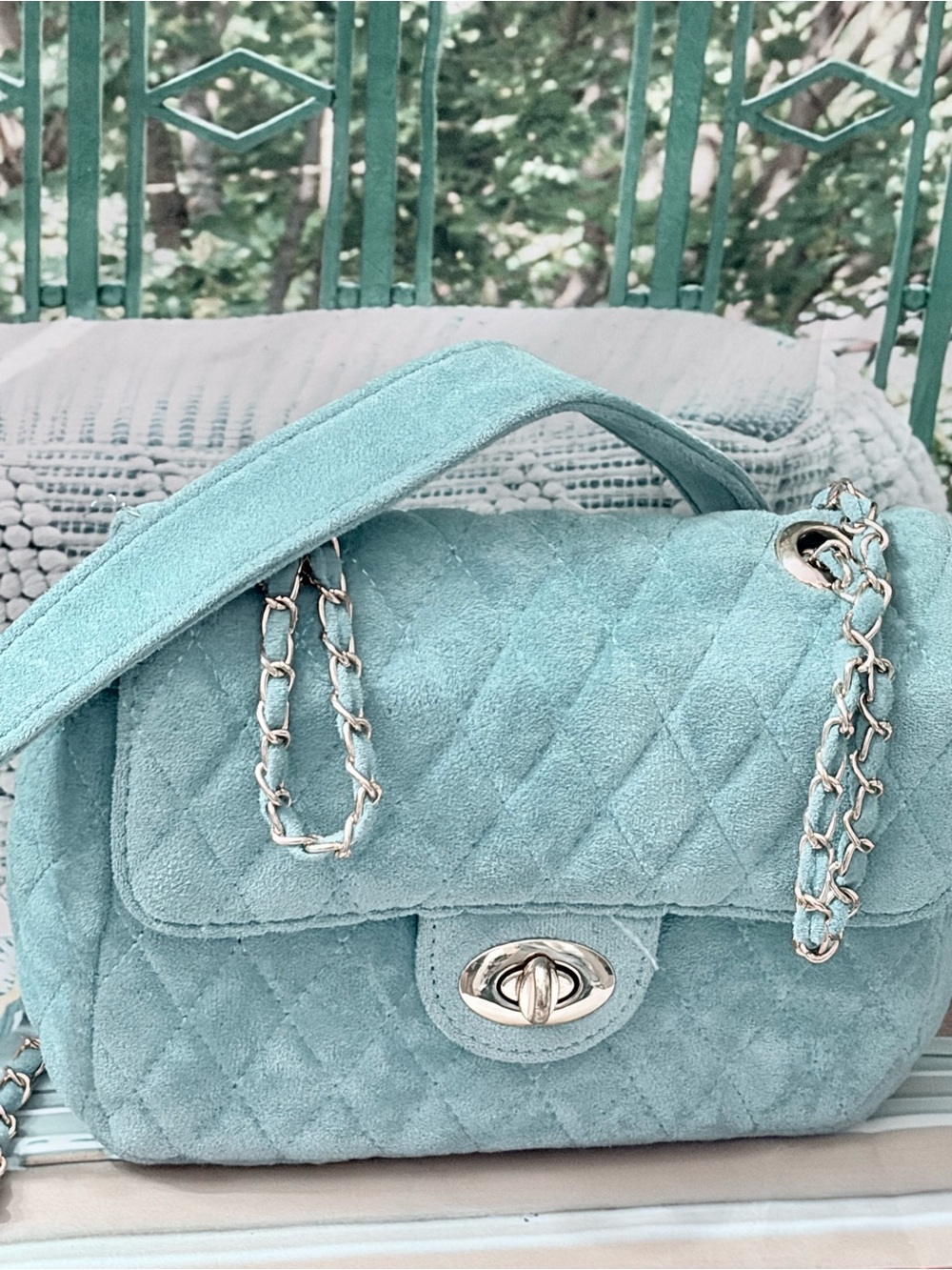 Quilted Vegan Suede Shoulder Bag in Light Teal with Chain Strap